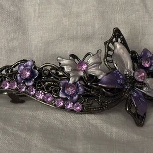 Elegant Vintage Purple & Pink Jeweled Butterfly Metal Filigree Hair Clip